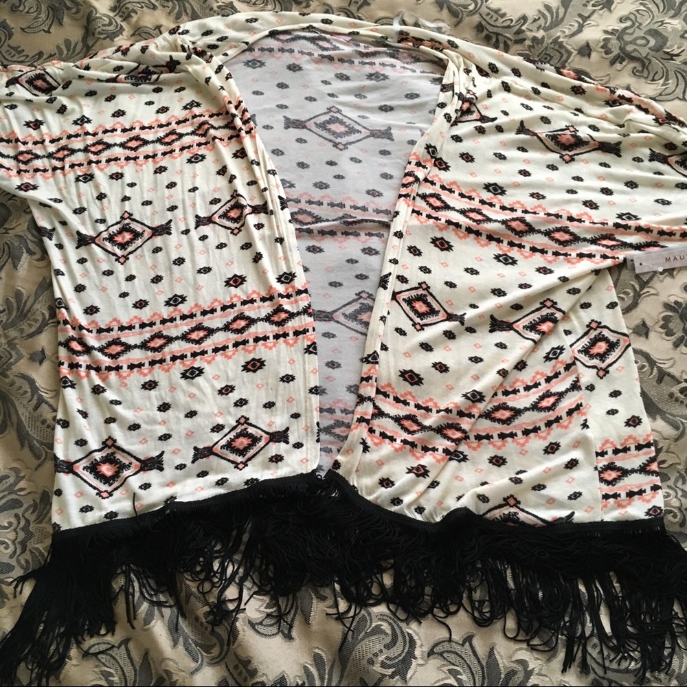 Boho Fringed Aztec Print Open Front Cardigan